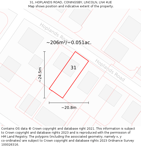 31, HOPLANDS ROAD, CONINGSBY, LINCOLN, LN4 4UE: Plot and title map