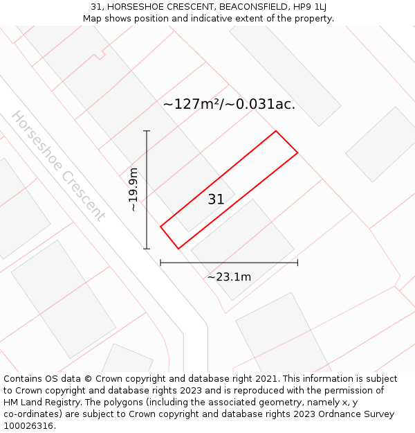 31, HORSESHOE CRESCENT, BEACONSFIELD, HP9 1LJ: Plot and title map