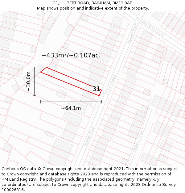 31, HUBERT ROAD, RAINHAM, RM13 8AB: Plot and title map
