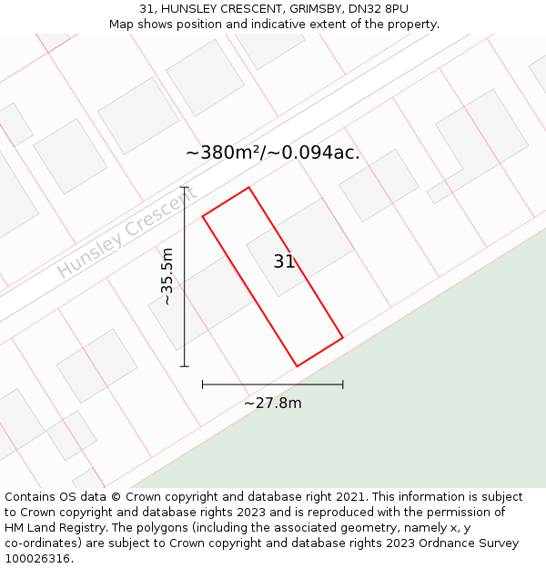 31, HUNSLEY CRESCENT, GRIMSBY, DN32 8PU: Plot and title map