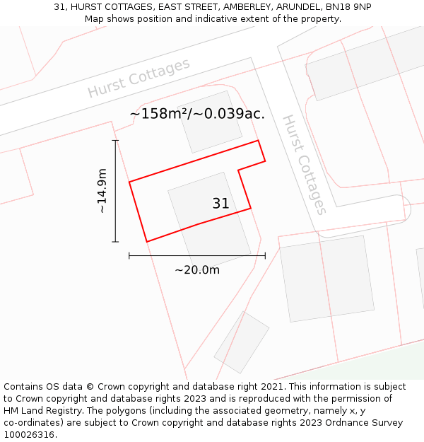 31, HURST COTTAGES, EAST STREET, AMBERLEY, ARUNDEL, BN18 9NP: Plot and title map