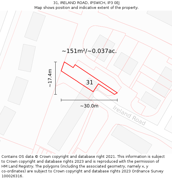 31, IRELAND ROAD, IPSWICH, IP3 0EJ: Plot and title map
