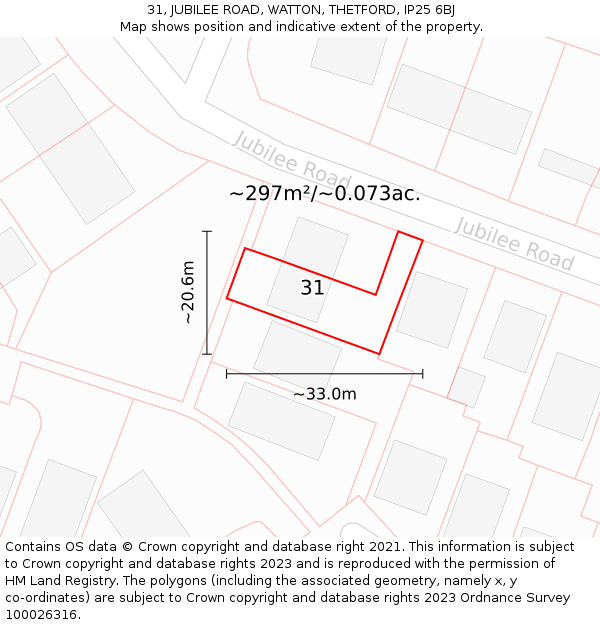 31, JUBILEE ROAD, WATTON, THETFORD, IP25 6BJ: Plot and title map