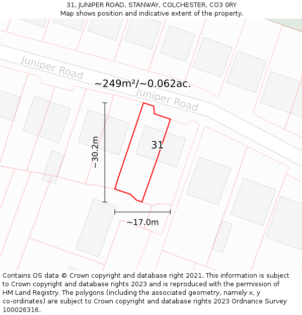 31, JUNIPER ROAD, STANWAY, COLCHESTER, CO3 0RY: Plot and title map