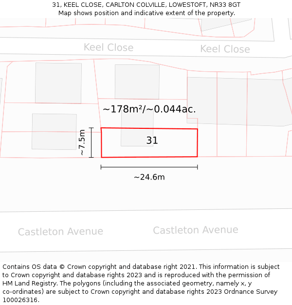 31, KEEL CLOSE, CARLTON COLVILLE, LOWESTOFT, NR33 8GT: Plot and title map
