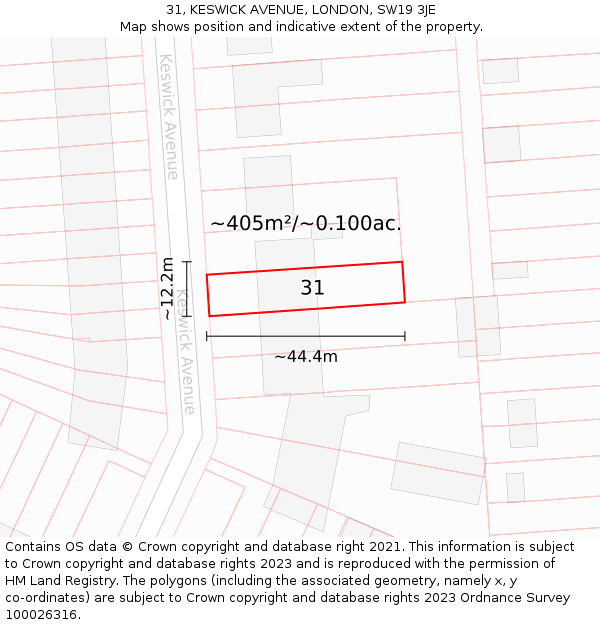 31, KESWICK AVENUE, LONDON, SW19 3JE: Plot and title map