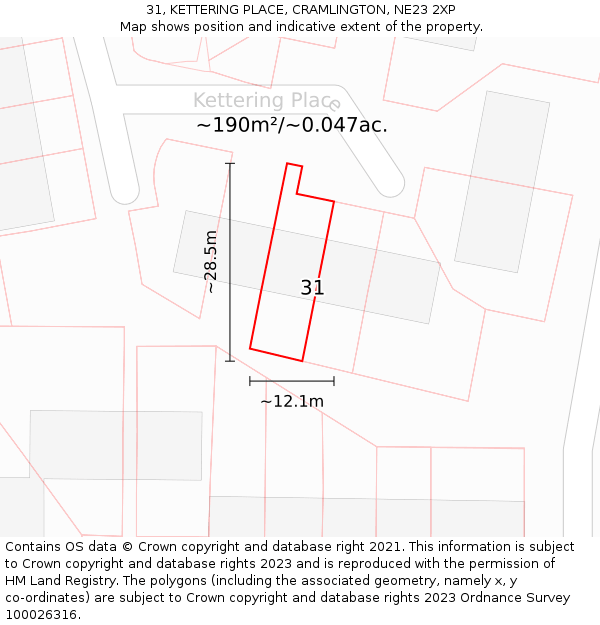 31, KETTERING PLACE, CRAMLINGTON, NE23 2XP: Plot and title map