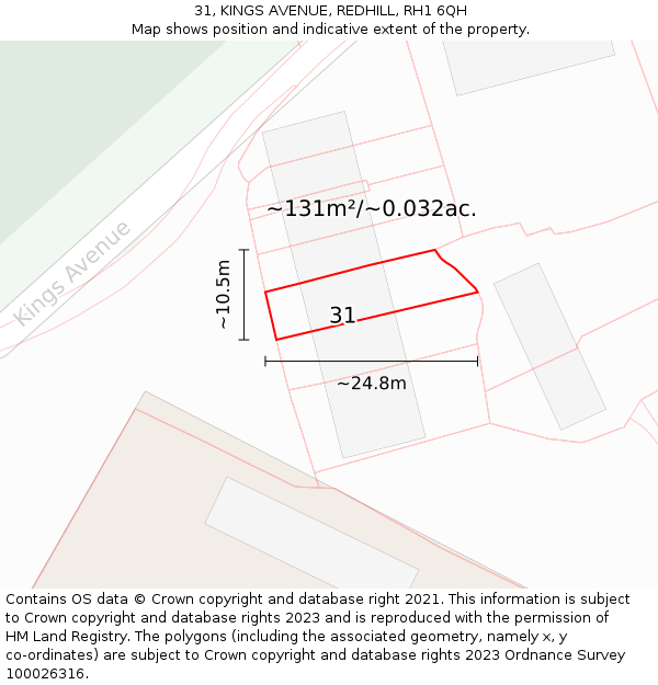 31, KINGS AVENUE, REDHILL, RH1 6QH: Plot and title map