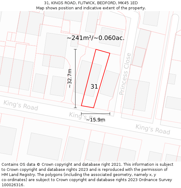 31, KINGS ROAD, FLITWICK, BEDFORD, MK45 1ED: Plot and title map