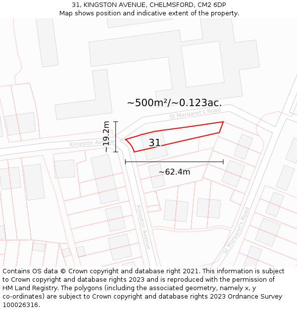 31, KINGSTON AVENUE, CHELMSFORD, CM2 6DP: Plot and title map