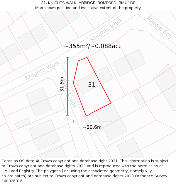 31, KNIGHTS WALK, ABRIDGE, ROMFORD, RM4 1DR: Plot and title map