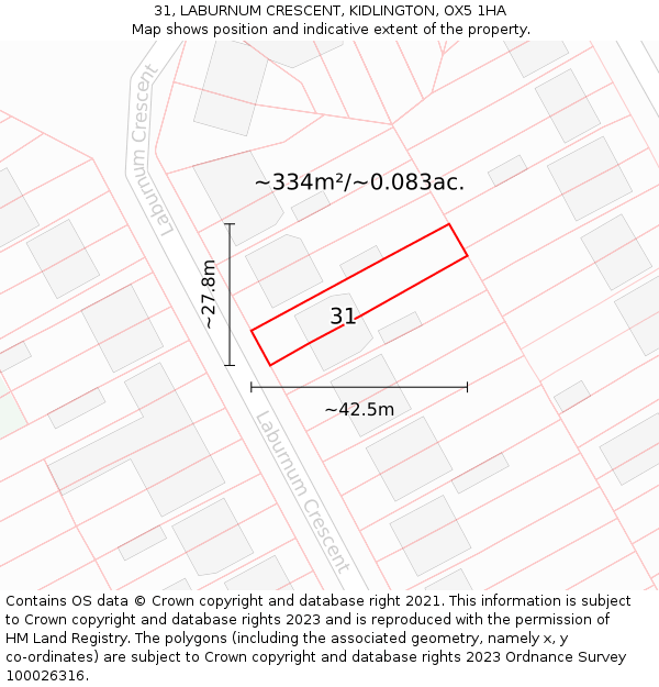 31, LABURNUM CRESCENT, KIDLINGTON, OX5 1HA: Plot and title map