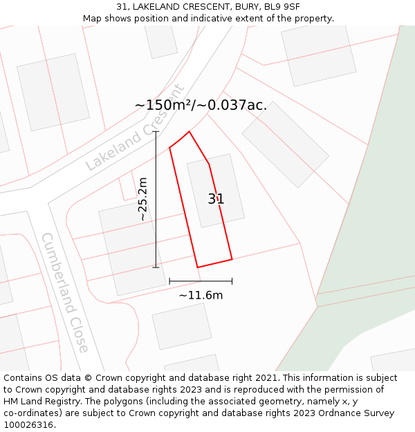 31, LAKELAND CRESCENT, BURY, BL9 9SF: Plot and title map