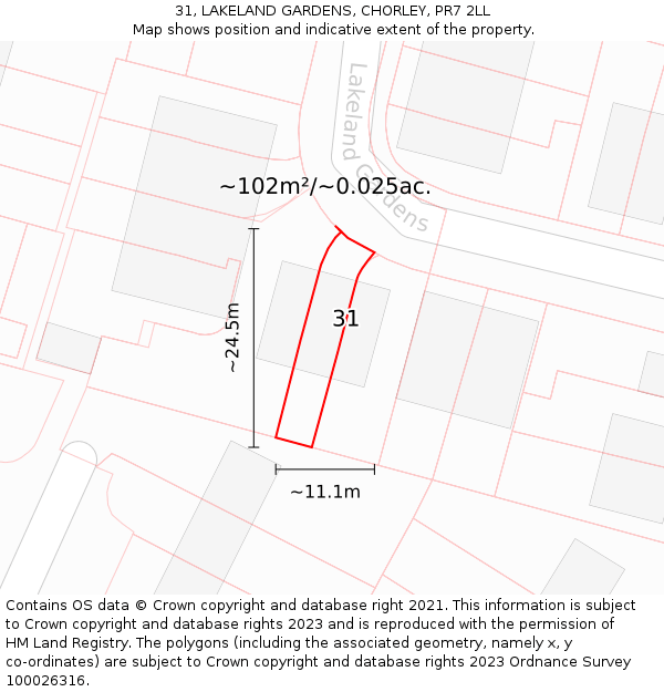 31, LAKELAND GARDENS, CHORLEY, PR7 2LL: Plot and title map
