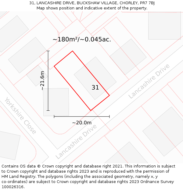31, LANCASHIRE DRIVE, BUCKSHAW VILLAGE, CHORLEY, PR7 7BJ: Plot and title map