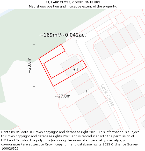 31, LARK CLOSE, CORBY, NN18 8RS: Plot and title map