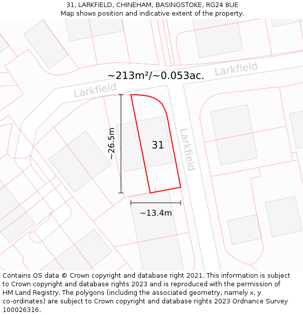 31, LARKFIELD, CHINEHAM, BASINGSTOKE, RG24 8UE: Plot and title map