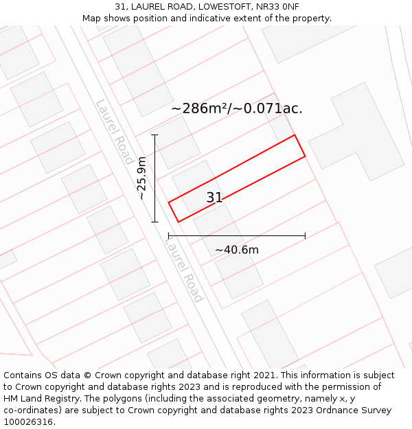 31, LAUREL ROAD, LOWESTOFT, NR33 0NF: Plot and title map