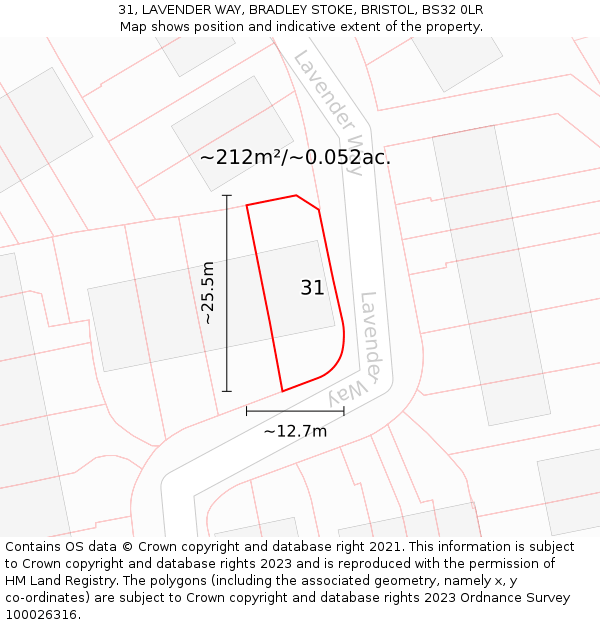 31, LAVENDER WAY, BRADLEY STOKE, BRISTOL, BS32 0LR: Plot and title map