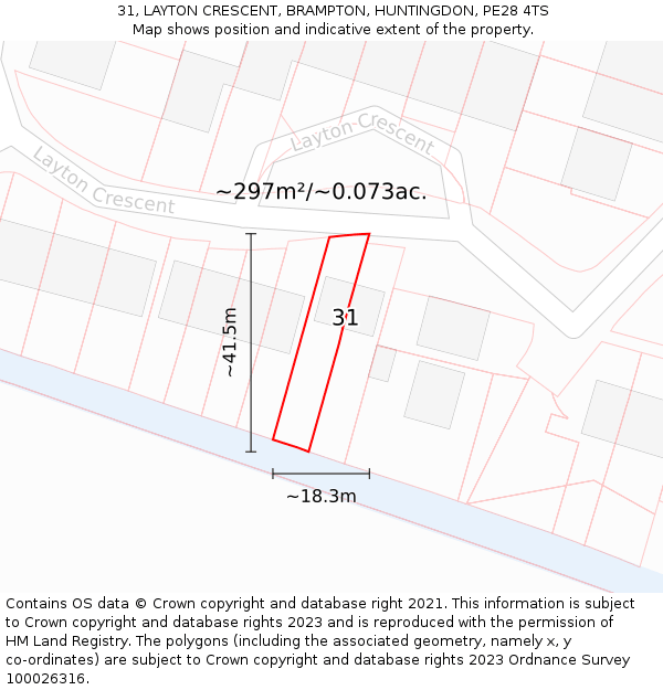 31, LAYTON CRESCENT, BRAMPTON, HUNTINGDON, PE28 4TS: Plot and title map