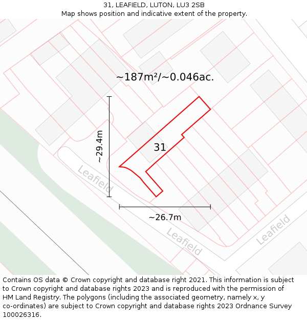 31, LEAFIELD, LUTON, LU3 2SB: Plot and title map