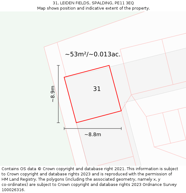 31, LEIDEN FIELDS, SPALDING, PE11 3EQ: Plot and title map