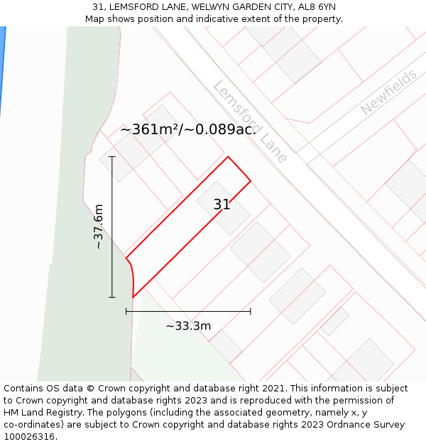 31, LEMSFORD LANE, WELWYN GARDEN CITY, AL8 6YN: Plot and title map