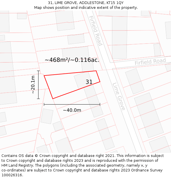 31, LIME GROVE, ADDLESTONE, KT15 1QY: Plot and title map