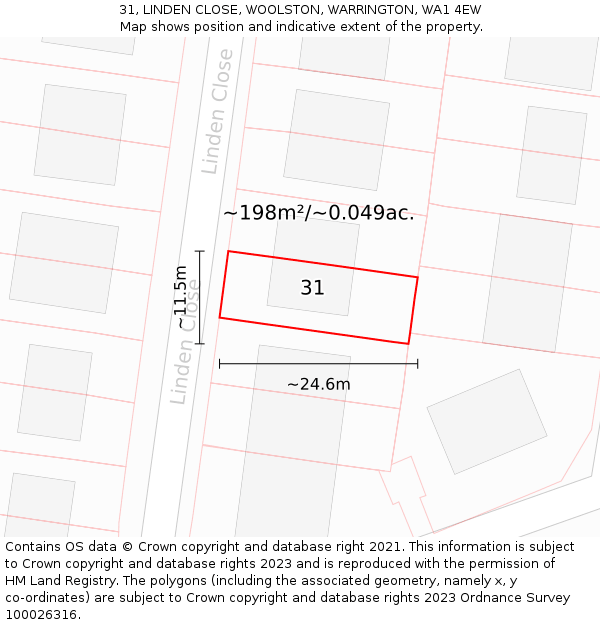 31, LINDEN CLOSE, WOOLSTON, WARRINGTON, WA1 4EW: Plot and title map