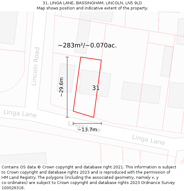 31, LINGA LANE, BASSINGHAM, LINCOLN, LN5 9LD: Plot and title map