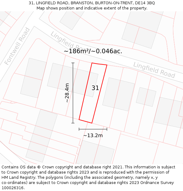 31, LINGFIELD ROAD, BRANSTON, BURTON-ON-TRENT, DE14 3BQ: Plot and title map