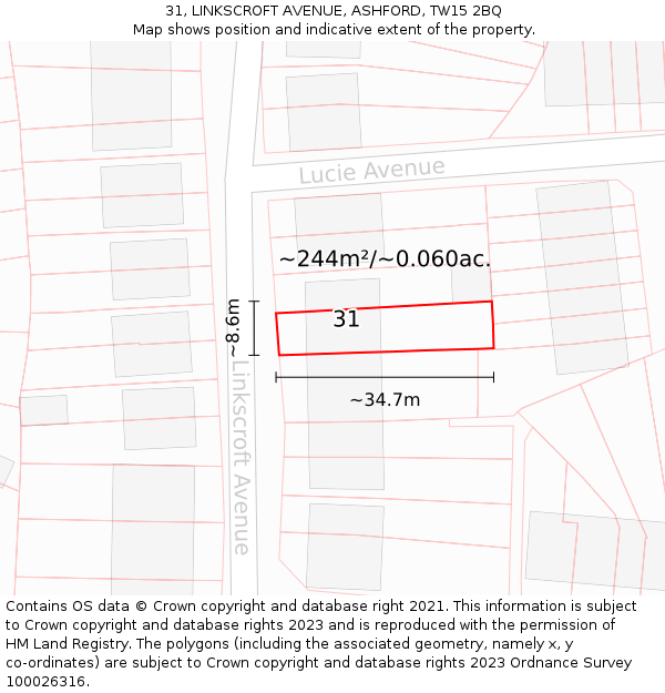 31, LINKSCROFT AVENUE, ASHFORD, TW15 2BQ: Plot and title map