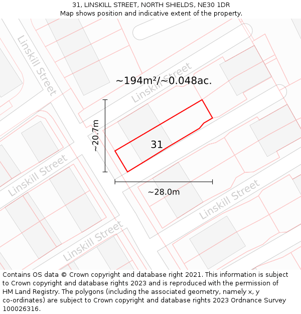 31, LINSKILL STREET, NORTH SHIELDS, NE30 1DR: Plot and title map