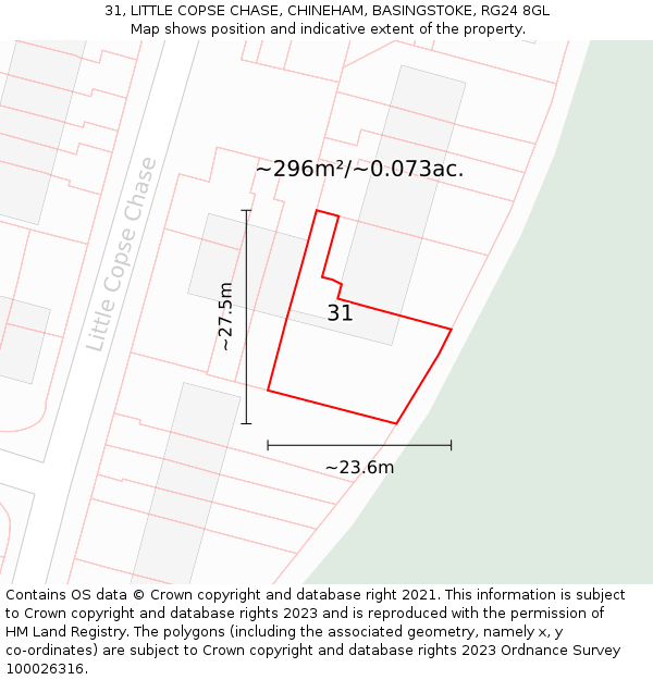 31, LITTLE COPSE CHASE, CHINEHAM, BASINGSTOKE, RG24 8GL: Plot and title map