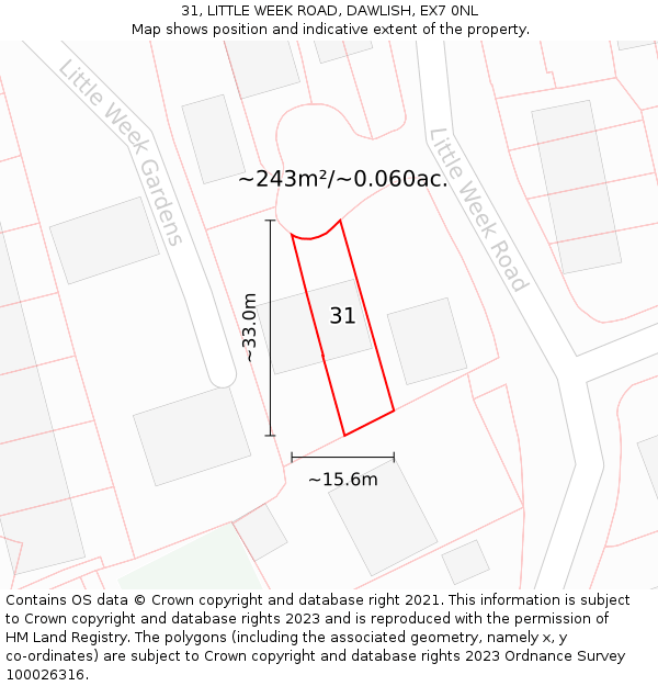 31, LITTLE WEEK ROAD, DAWLISH, EX7 0NL: Plot and title map