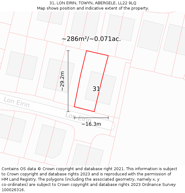 31, LON EIRIN, TOWYN, ABERGELE, LL22 9LQ: Plot and title map