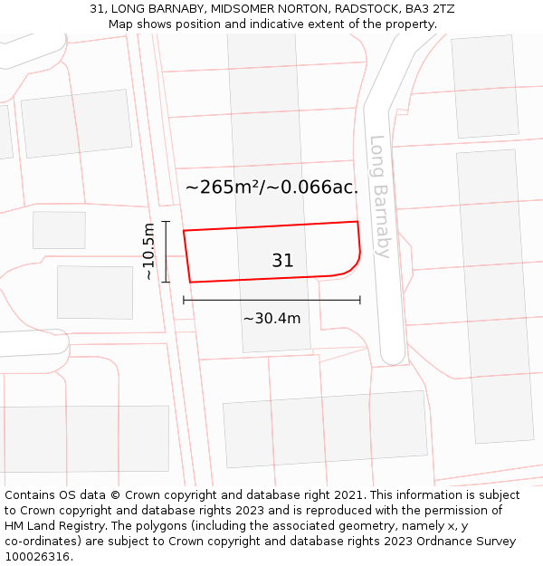 31, LONG BARNABY, MIDSOMER NORTON, RADSTOCK, BA3 2TZ: Plot and title map
