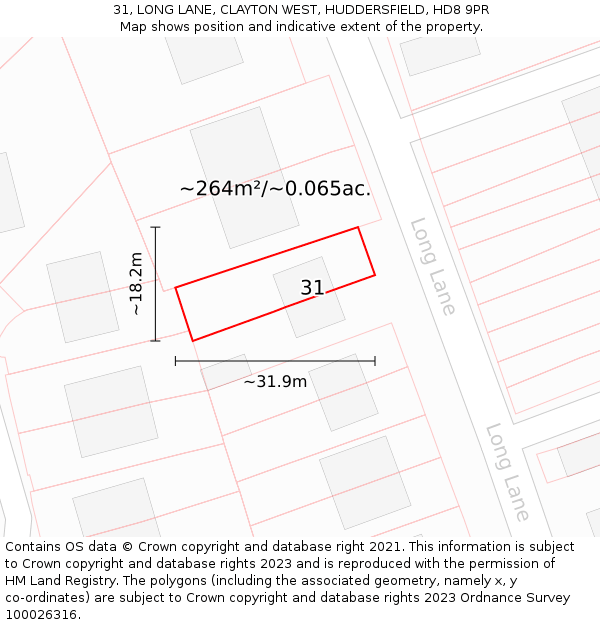 31, LONG LANE, CLAYTON WEST, HUDDERSFIELD, HD8 9PR: Plot and title map