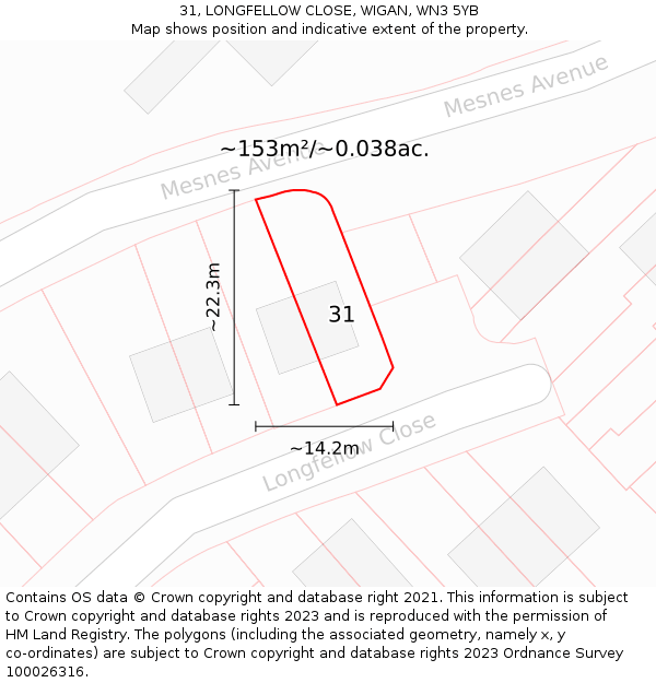 31, LONGFELLOW CLOSE, WIGAN, WN3 5YB: Plot and title map