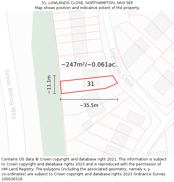 31, LOWLANDS CLOSE, NORTHAMPTON, NN3 5EP: Plot and title map