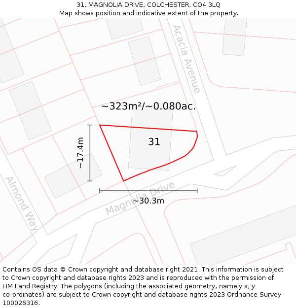 31, MAGNOLIA DRIVE, COLCHESTER, CO4 3LQ: Plot and title map