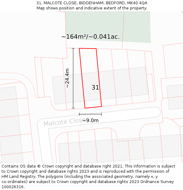 31, MALCOTE CLOSE, BIDDENHAM, BEDFORD, MK40 4QA: Plot and title map