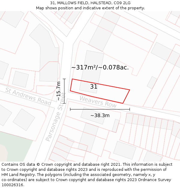 31, MALLOWS FIELD, HALSTEAD, CO9 2LG: Plot and title map