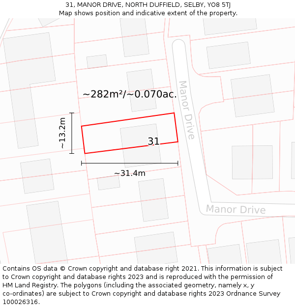 31, MANOR DRIVE, NORTH DUFFIELD, SELBY, YO8 5TJ: Plot and title map