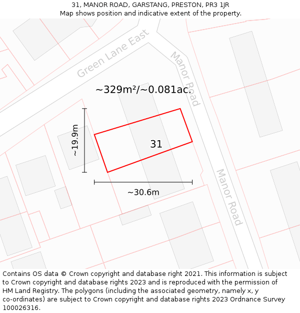 31, MANOR ROAD, GARSTANG, PRESTON, PR3 1JR: Plot and title map
