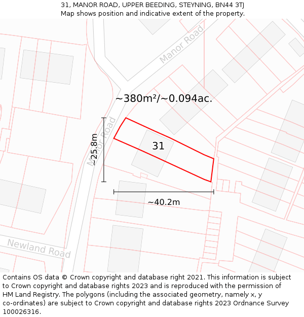 31, MANOR ROAD, UPPER BEEDING, STEYNING, BN44 3TJ: Plot and title map
