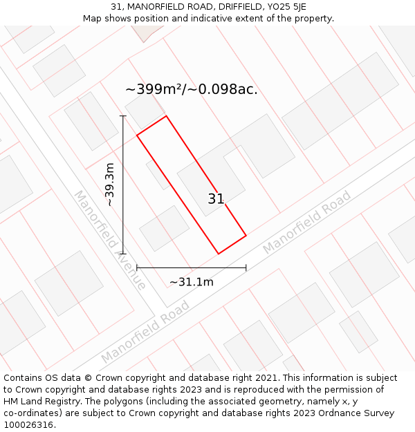 31, MANORFIELD ROAD, DRIFFIELD, YO25 5JE: Plot and title map