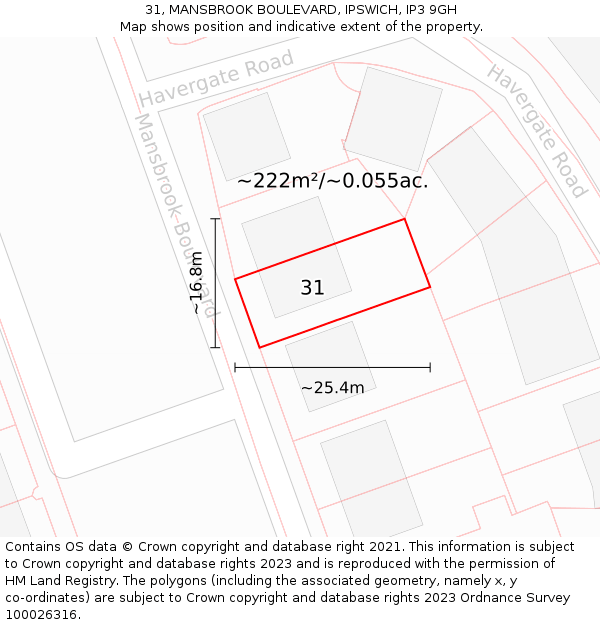 31, MANSBROOK BOULEVARD, IPSWICH, IP3 9GH: Plot and title map