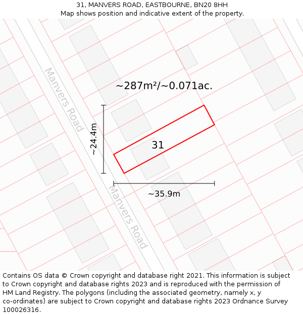 31, MANVERS ROAD, EASTBOURNE, BN20 8HH: Plot and title map