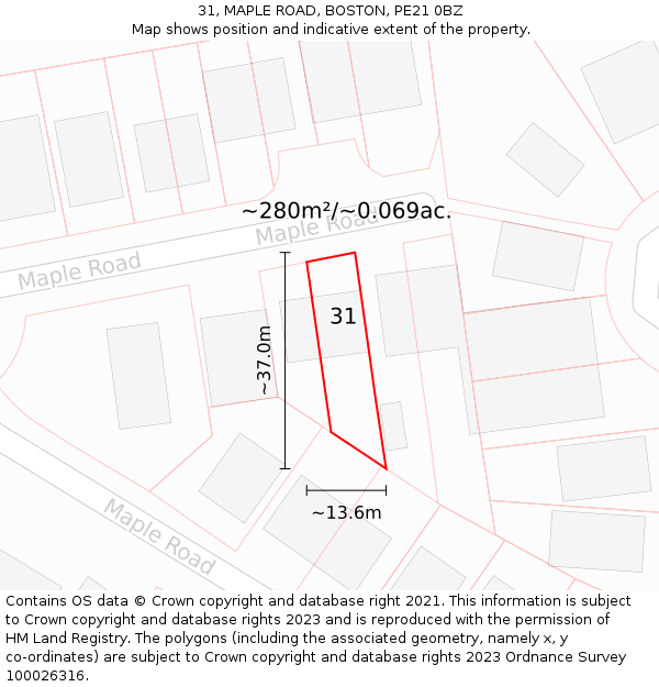 31, MAPLE ROAD, BOSTON, PE21 0BZ: Plot and title map